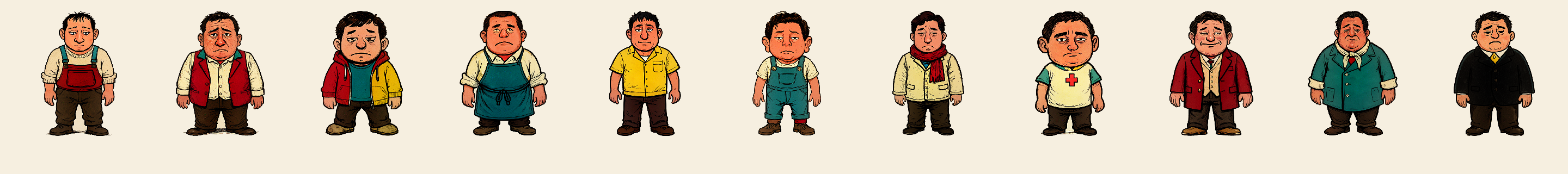 Eleven island residents: fisher, trader, dev, barista, courier, gardener, musician, nurse — and the landlord, innkeeper and notary